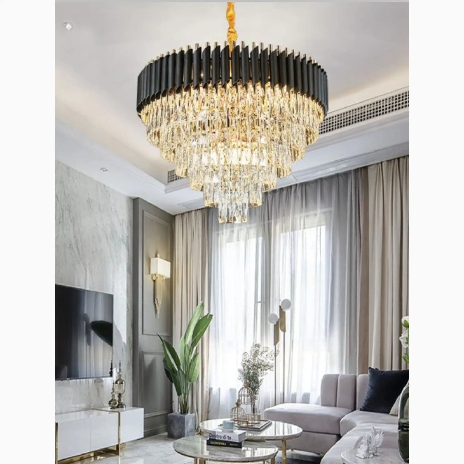 Alfonsine | Lámpara colgante de cristal negro de lujo con luces LED para sala de estar