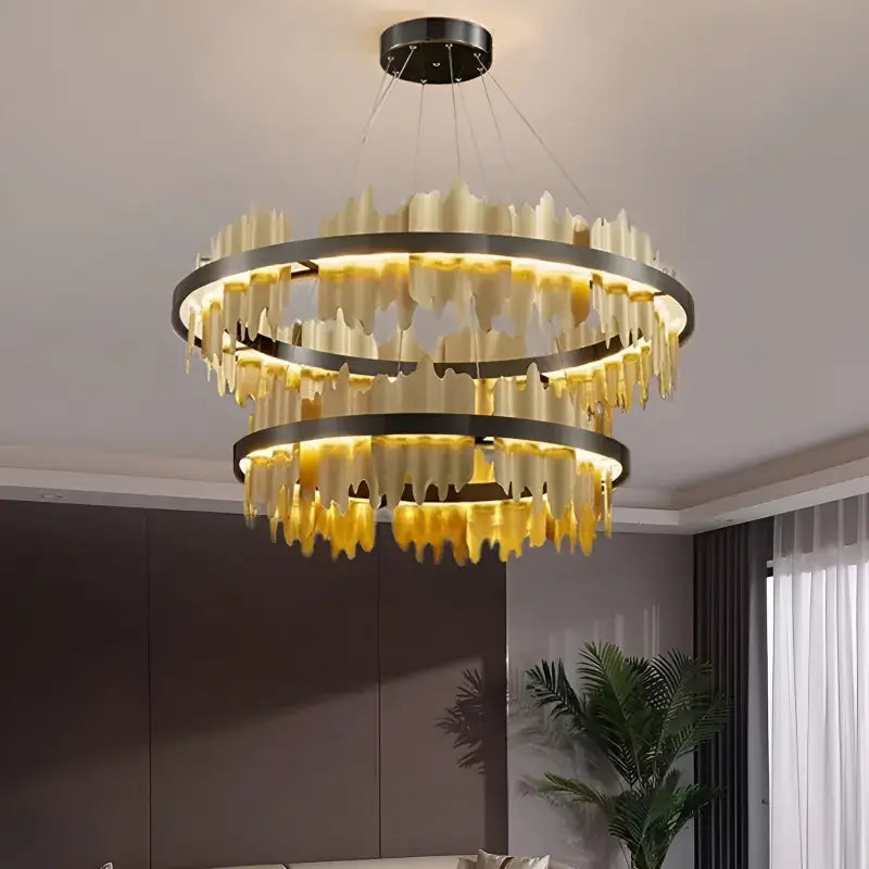 Lámpara de araña circular creativa moderna en negro y dorado para sala de estar
