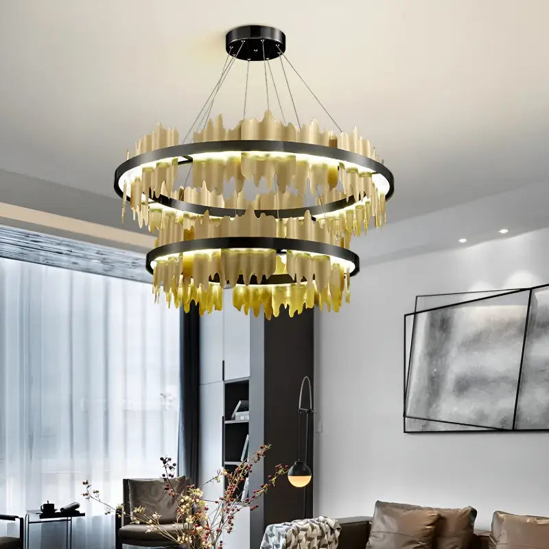 Lámpara de araña circular creativa moderna en negro y dorado para sala de estar