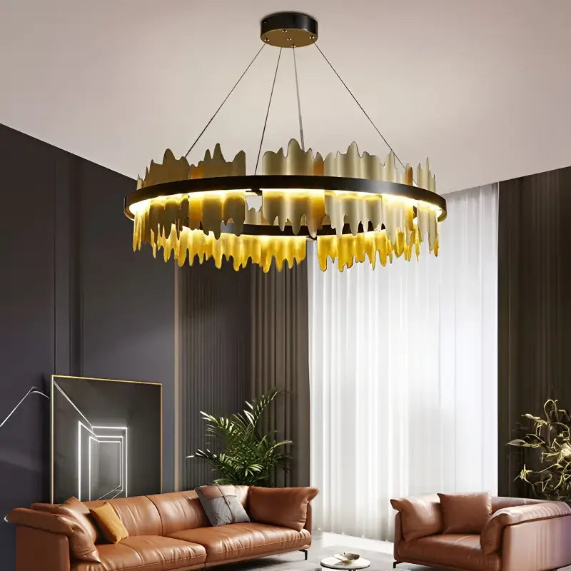 Lámpara de araña circular creativa moderna en negro y dorado para sala de estar