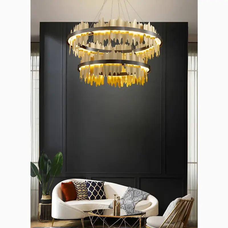 Lámpara de araña circular creativa moderna en negro y dorado para sala de estar