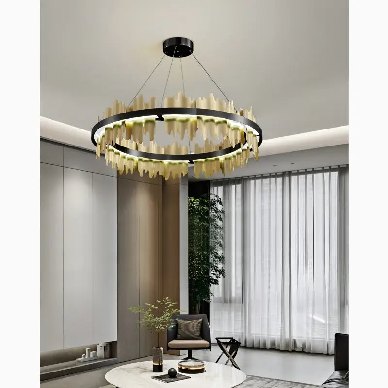 Lámpara de araña circular creativa moderna en negro y dorado para sala de estar