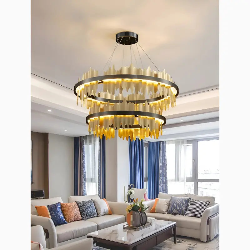 Lámpara de araña circular creativa moderna en negro y dorado para sala de estar