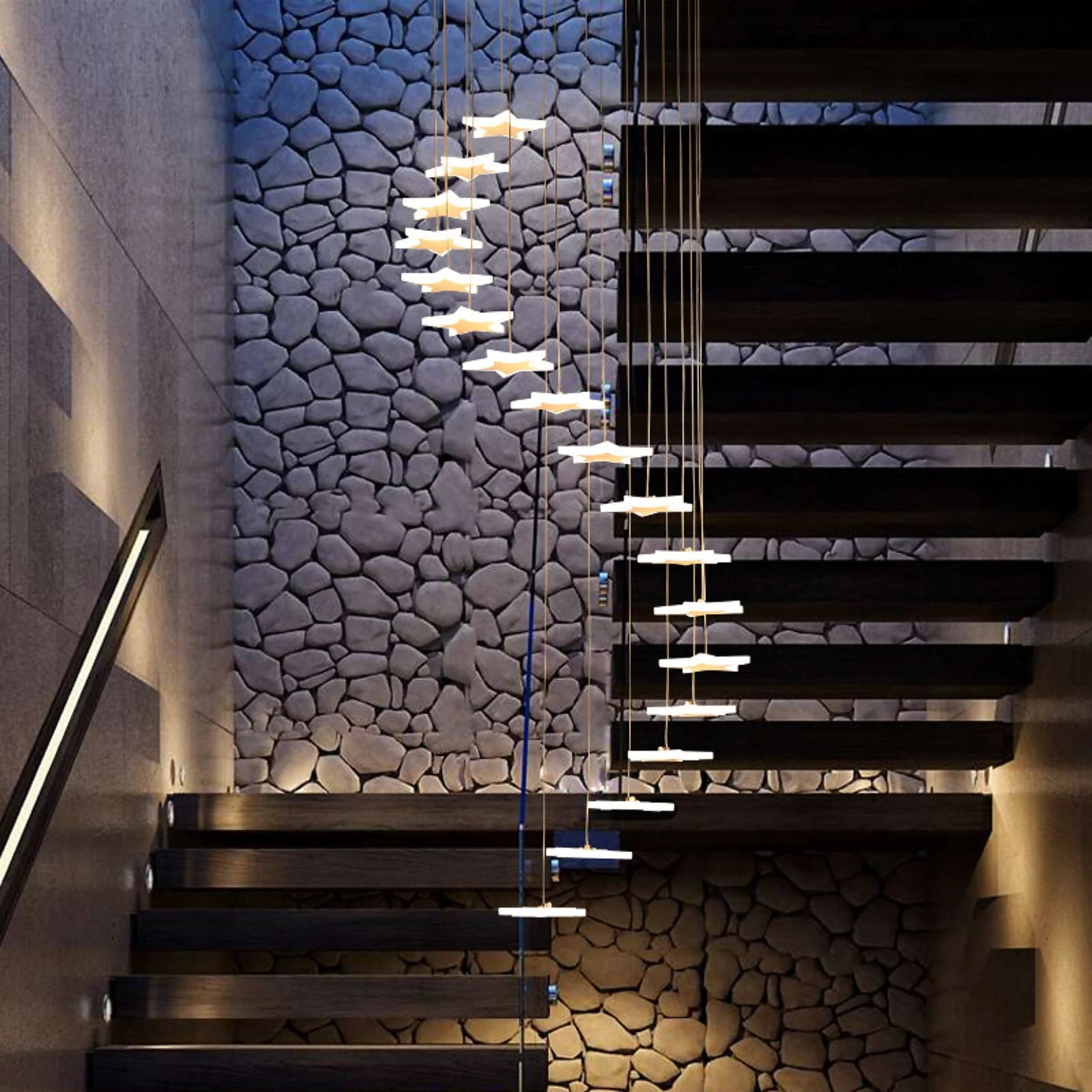 8 luces - Valbonne | Lámpara colgante de espiral en forma de estrella para escalera, 8 luces, luz cálida - Base de techo gris
