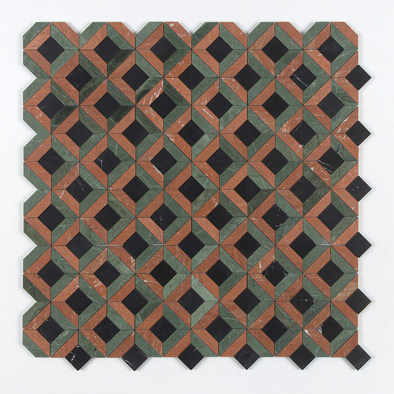 Mosaico de mármol Ella pulido Keefer Mix Verde Capri y Rojo Laguna de 32,7 x 32,7 cm