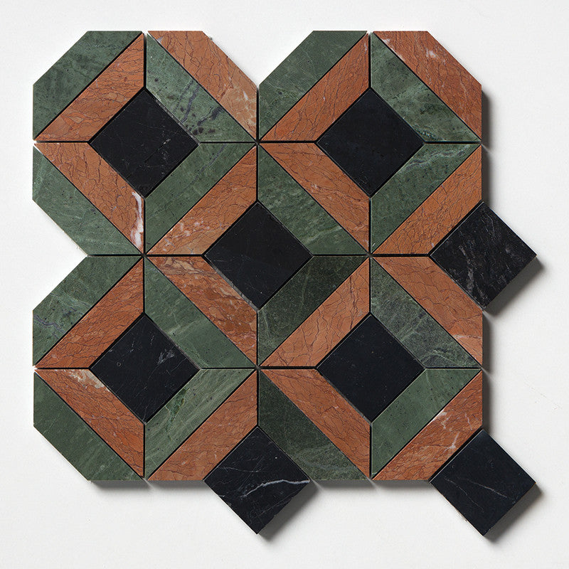 Mosaico de mármol Ella pulido Keefer Mix Verde Capri y Rojo Laguna de 32,7 x 32,7 cm