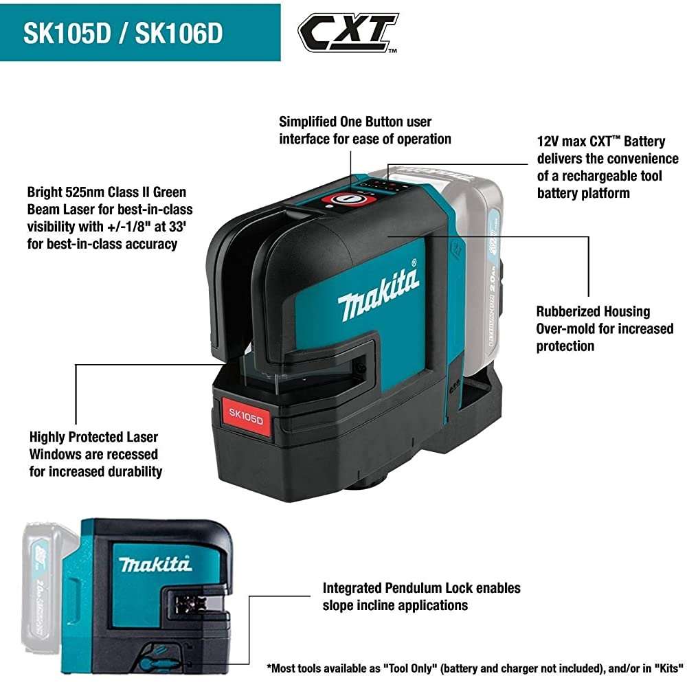 Kit de láser rojo en cruz con nivelación automática y batería de iones de litio Makita SK105DNAX de 12 V máx. CXT (2,0 Ah)