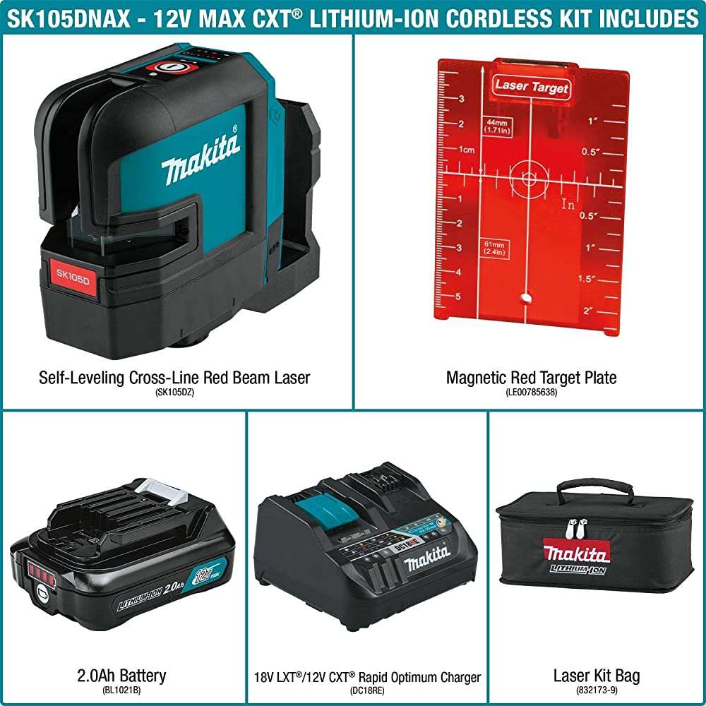 Kit de láser rojo en cruz con nivelación automática y batería de iones de litio Makita SK105DNAX de 12 V máx. CXT (2,0 Ah)
