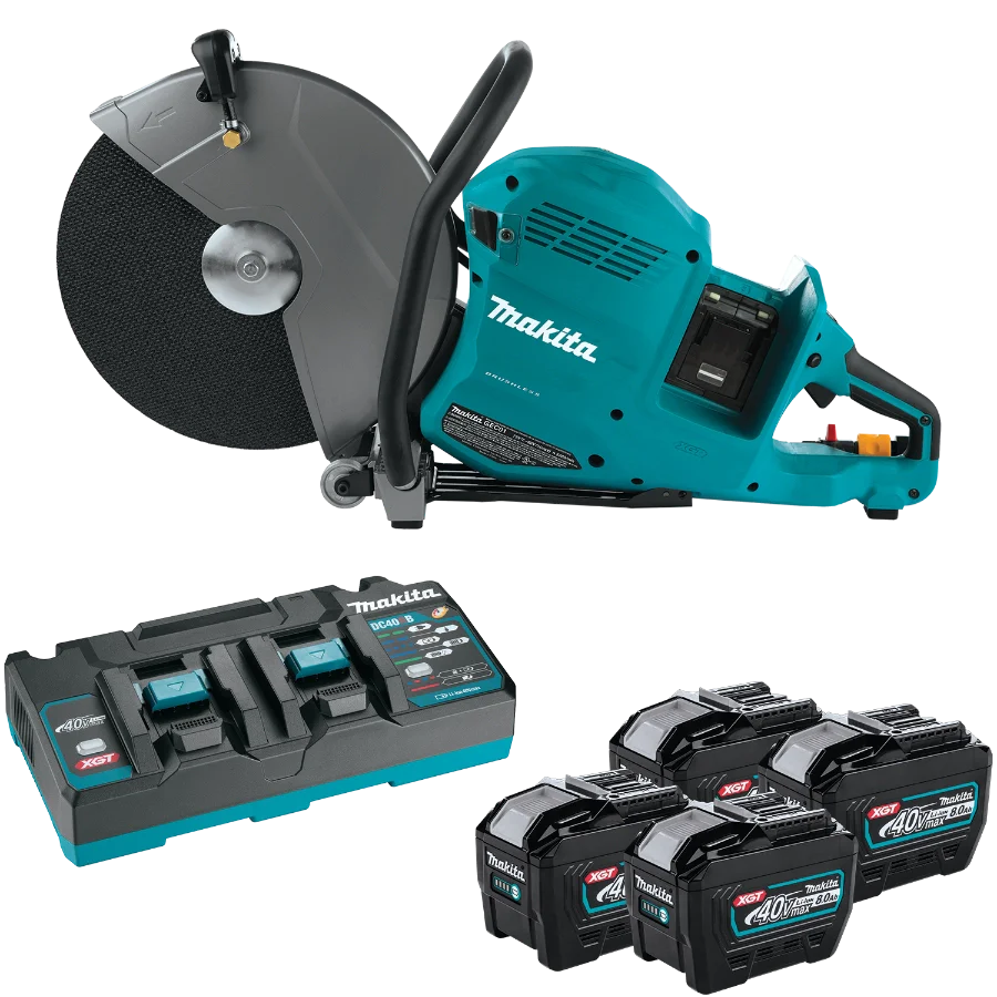 Kit de cortadora eléctrica sin escobillas Makita GEC01PL4 de 80 V máx. (40 V máx. X2) XGT® de 14" con 4 baterías, AFT®, freno eléctrico (8,0 Ah)