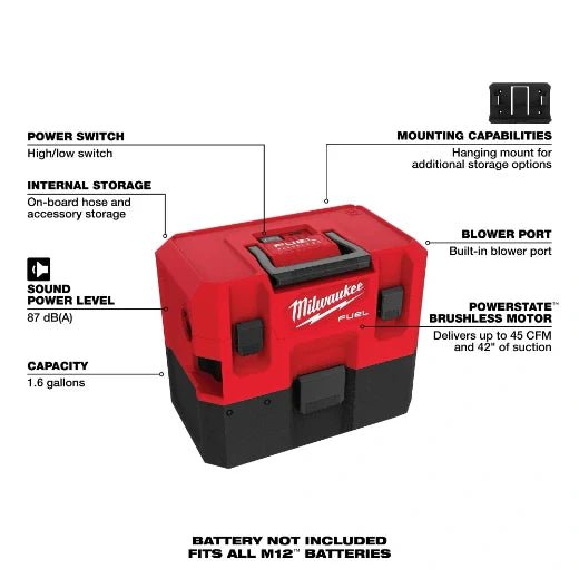 Aspiradora para seco y húmedo Milwaukee 0960-20 M12 FUEL™ de 1.6 galones