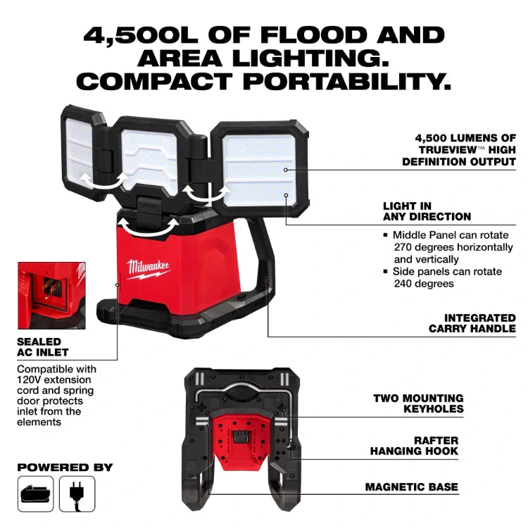 Milwaukee 2368-20 M18 Rover - Foco de área y reflector de triple panel de doble potencia