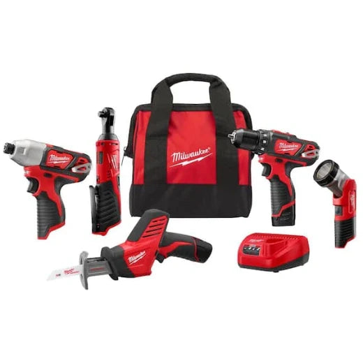 Kit combinado inalámbrico Milwaukee 2498-25 M12 de iones de litio de 12 voltios (5 herramientas) con (2) baterías de 1,5 Ah, cargador y bolsa de herramientas