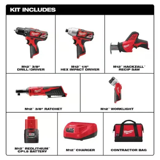 Kit combinado inalámbrico Milwaukee 2498-25 M12 de iones de litio de 12 voltios (5 herramientas) con (2) baterías de 1,5 Ah, cargador y bolsa de herramientas
