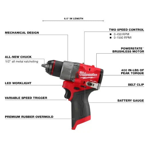 Kit de taladro/destornillador Milwaukee 3403-22 M12 FUEL™ de 1/2"
