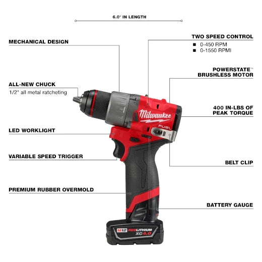 Kit de taladro percutor/atornillador Milwaukee 3404-22 M12 FUEL™ de 1/2"
