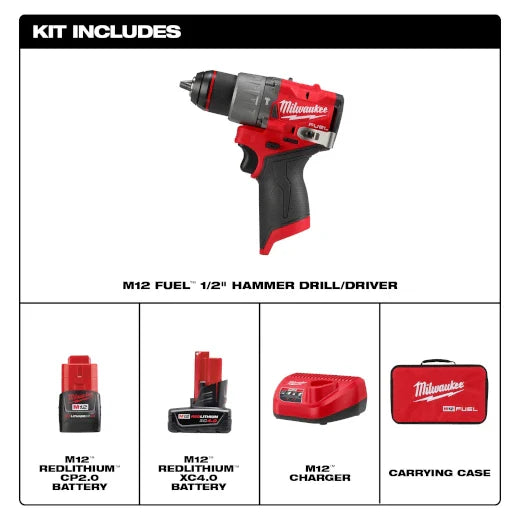 Kit de taladro percutor/atornillador Milwaukee 3404-22 M12 FUEL™ de 1/2"