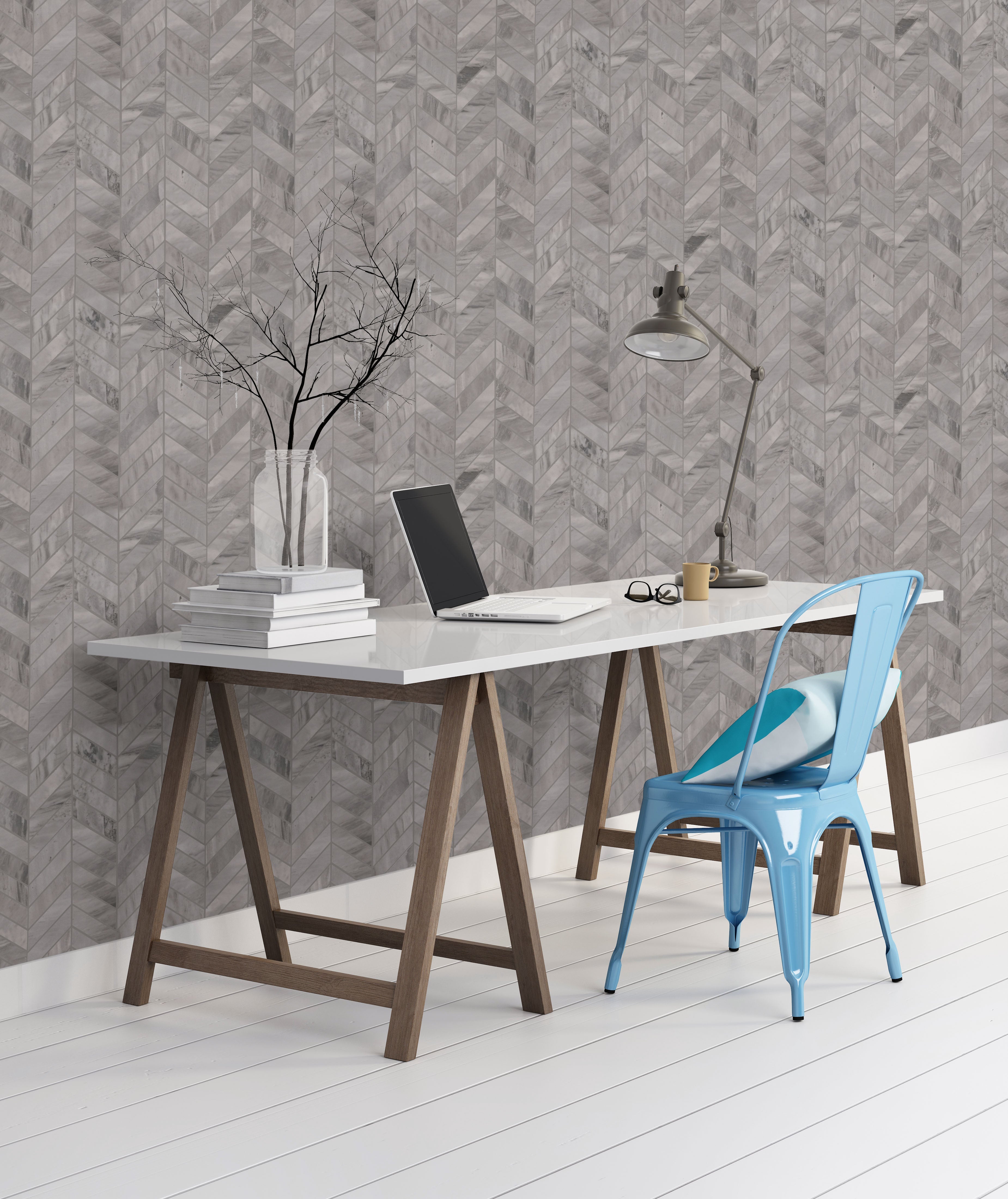 Mosaico de porcelana Eden Bardiglio con diseño de chevron mate de 30 x 38 cm - Colección MSI