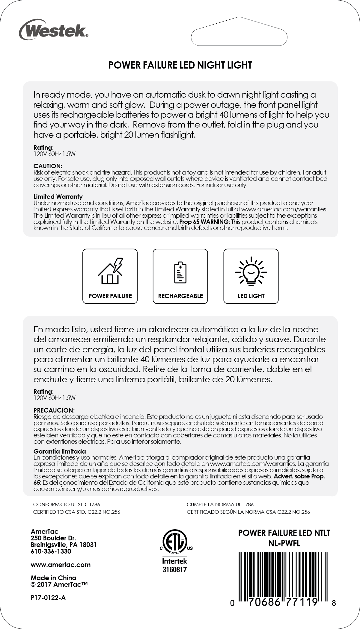 Linterna LED/Luz nocturna en caso de corte de energía