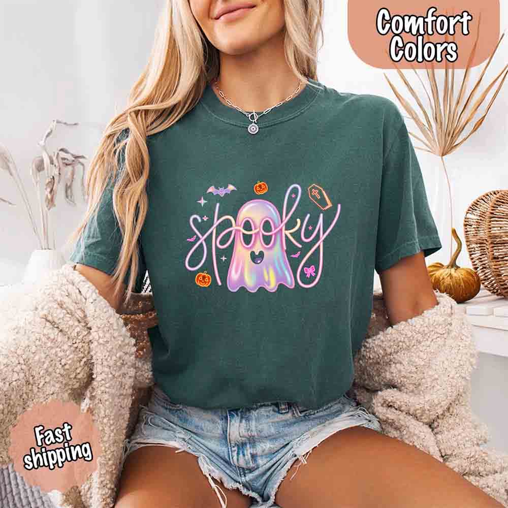 Neon Spooky Ghost Comfort Colors T-Shirt – Trendy Halloween Graphic Tee