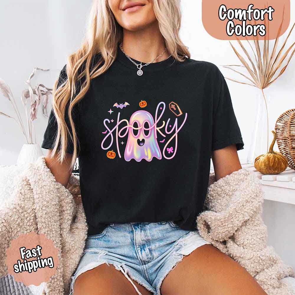Neon Spooky Ghost Comfort Colors T-Shirt – Trendy Halloween Graphic Tee
