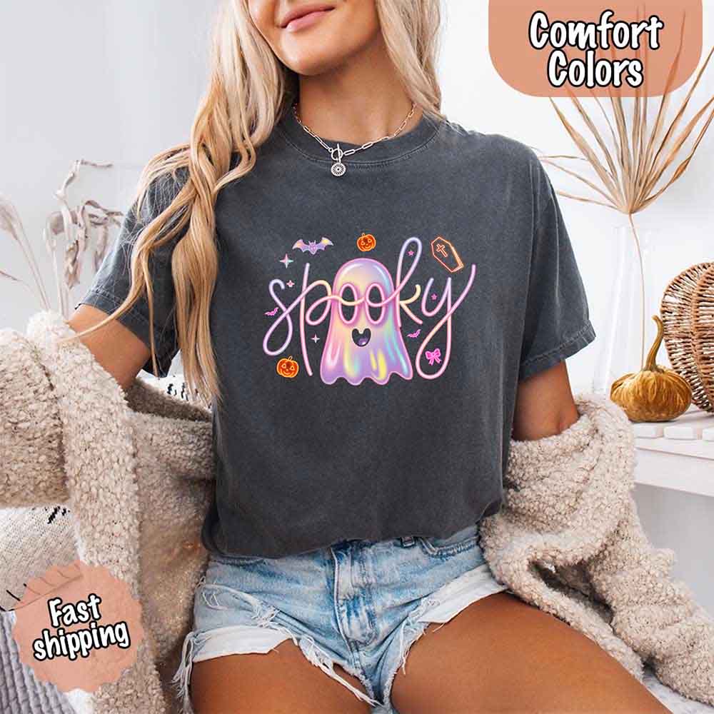 Neon Spooky Ghost Comfort Colors T-Shirt – Trendy Halloween Graphic Tee