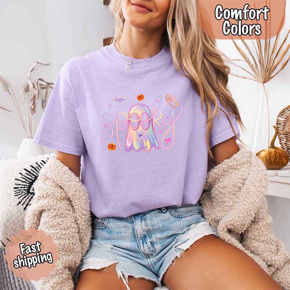 Neon Spooky Ghost Comfort Colors T-Shirt – Trendy Halloween Graphic Tee