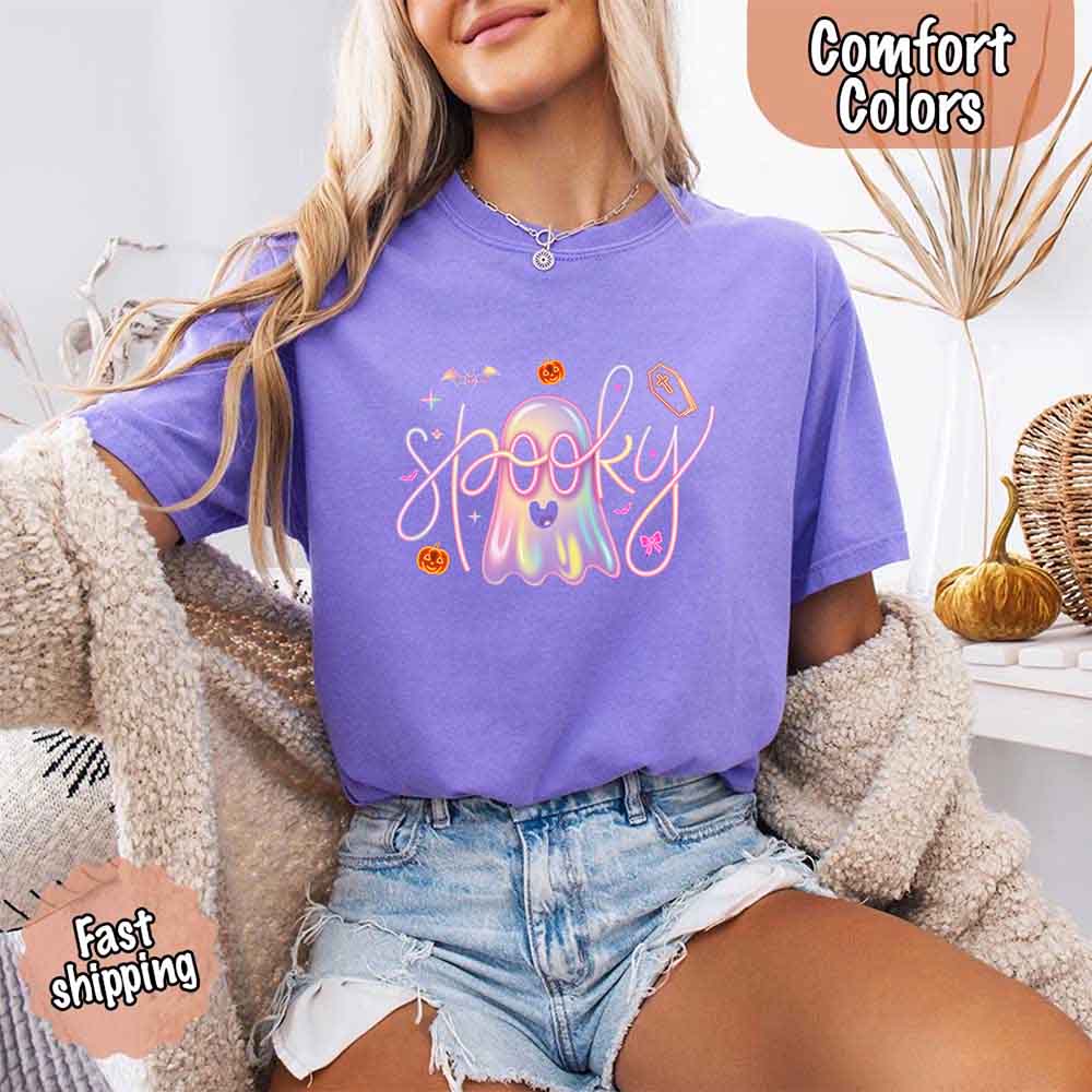 Neon Spooky Ghost Comfort Colors T-Shirt – Trendy Halloween Graphic Tee