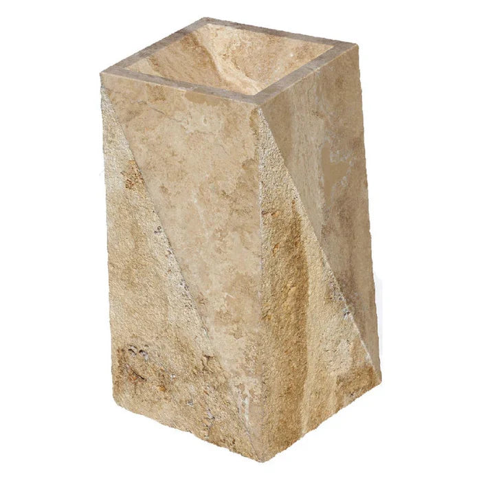 Lavabo independiente rectangular con pedestal de travertino de nogal y forma prismática, pulido (ancho) 14" (largo) 21,5" (alto) 33,5"