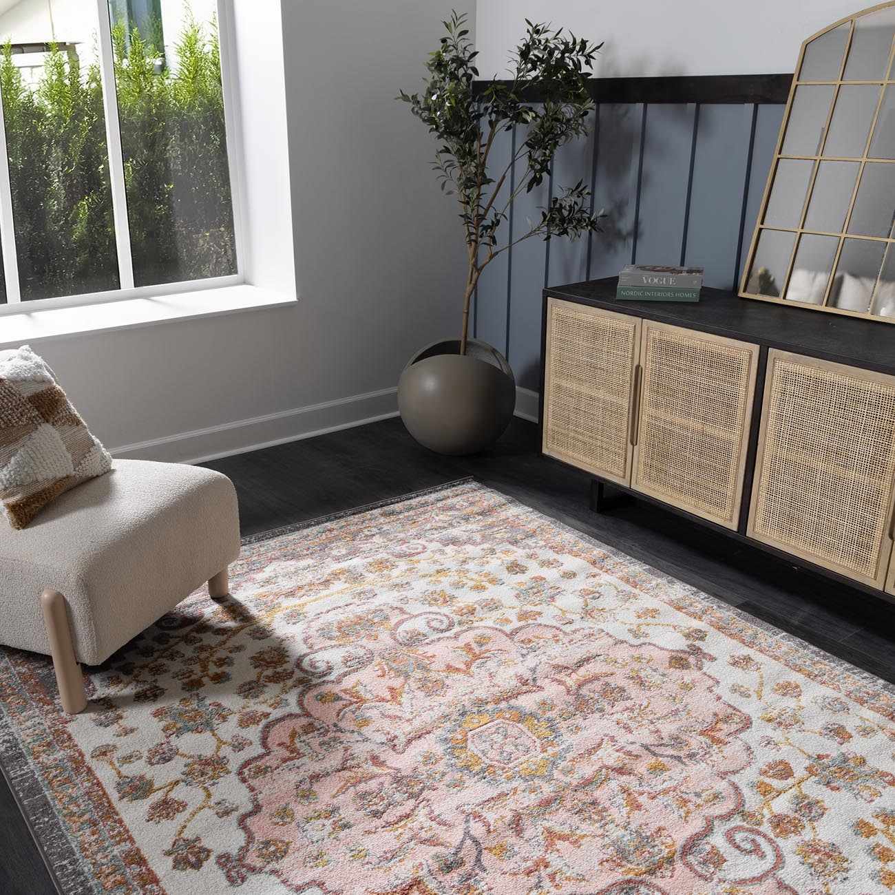 Alfombra con medallón floral de roble