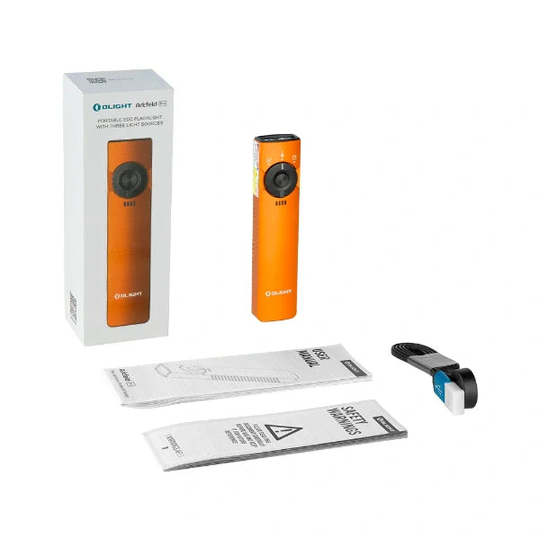 Linterna EDC plana Arkfeld Pro de OLIGHT ARKFELDPRO3ROGV3 con luz LED, luz ultravioleta y láser, color naranja