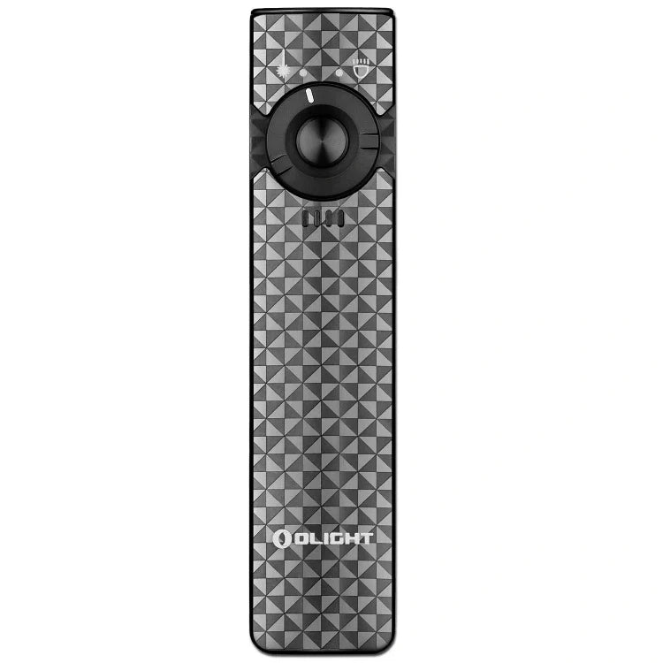 OLIGHT ARKFELDPWGMGCW Linterna plana Arkfeld con láser verde y luz blanca - Gris metalizado con forma de rueda dentada