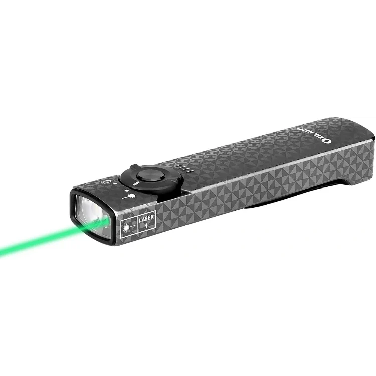 OLIGHT ARKFELDPWGMGCW Linterna plana Arkfeld con láser verde y luz blanca - Gris metalizado con forma de rueda dentada
