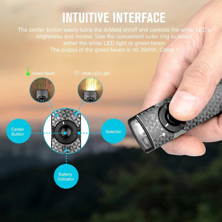 OLIGHT ARKFELDPWGMGCW Linterna plana Arkfeld con láser verde y luz blanca - Gris metalizado con forma de rueda dentada