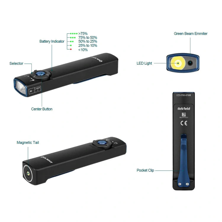 OLIGHT ARKFELDPWGMGCW Linterna plana Arkfeld con láser verde y luz blanca - Gris metalizado con forma de rueda dentada