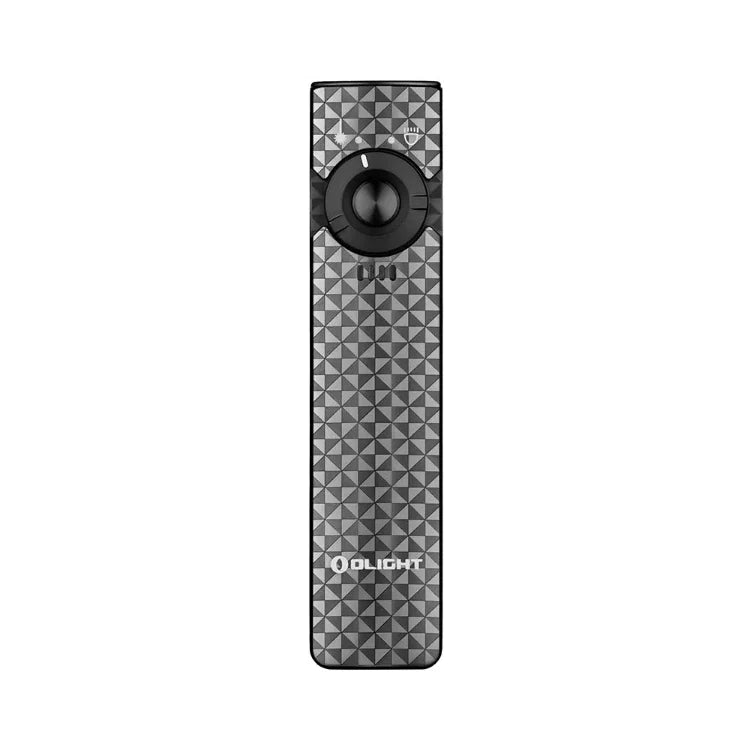 OLIGHT ARKFELDPWGMGCW Linterna plana Arkfeld con láser verde y luz blanca - Gris metalizado con forma de rueda dentada