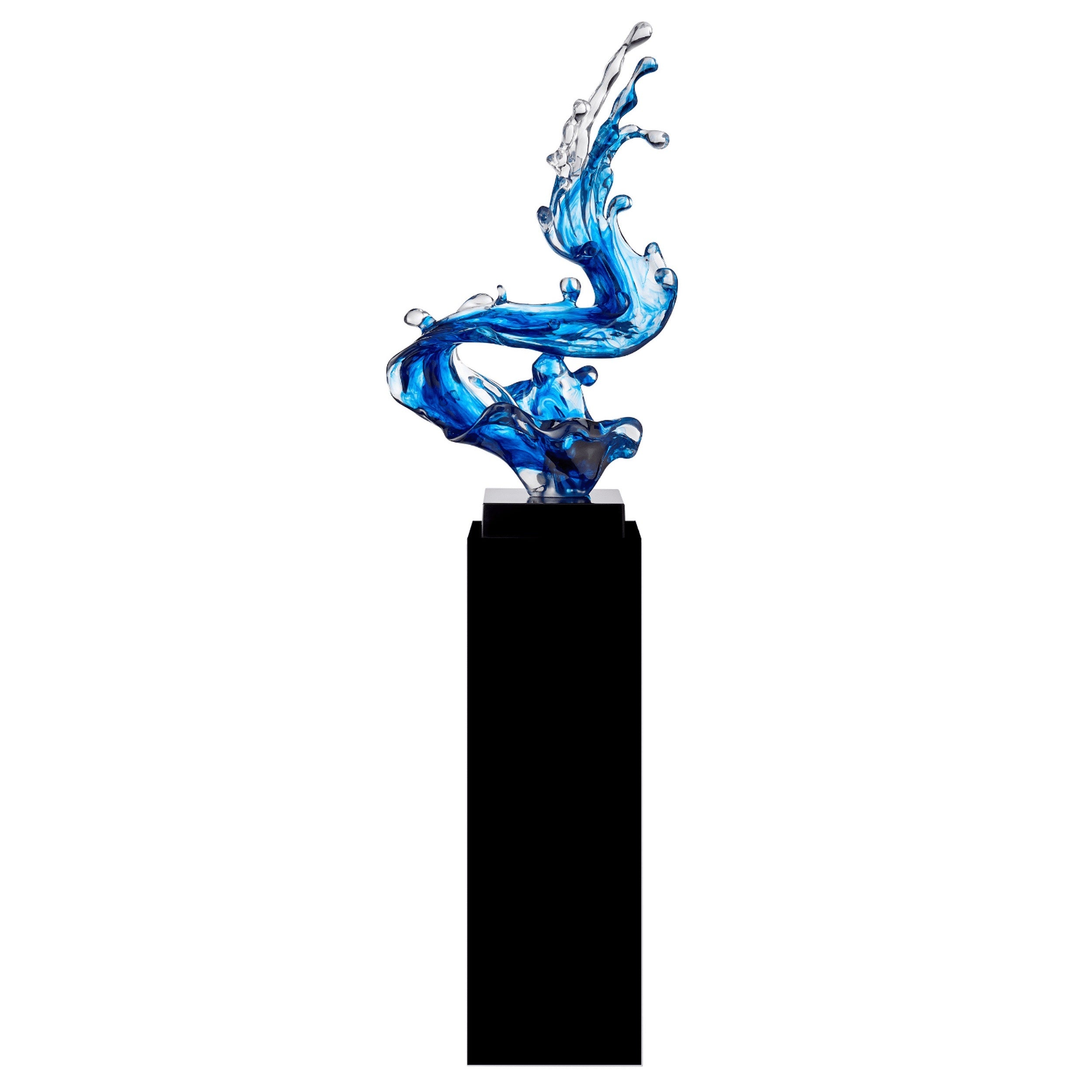 Escultura de piso con forma de ola de Cortes Bay en color azul océano y soporte negro, 57" de alto