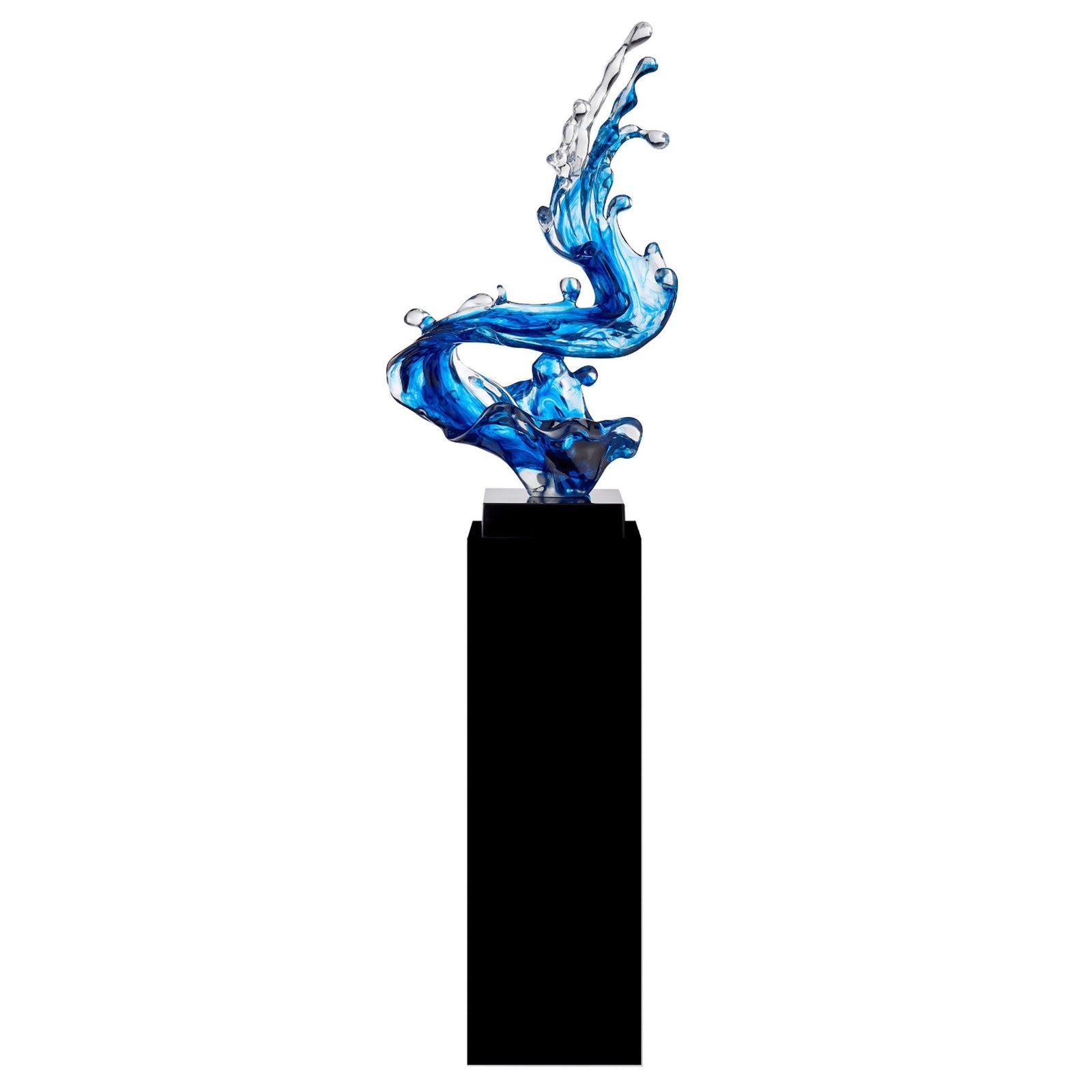 Escultura de piso con forma de ola de Cortes Bay en color azul océano y soporte negro, 57