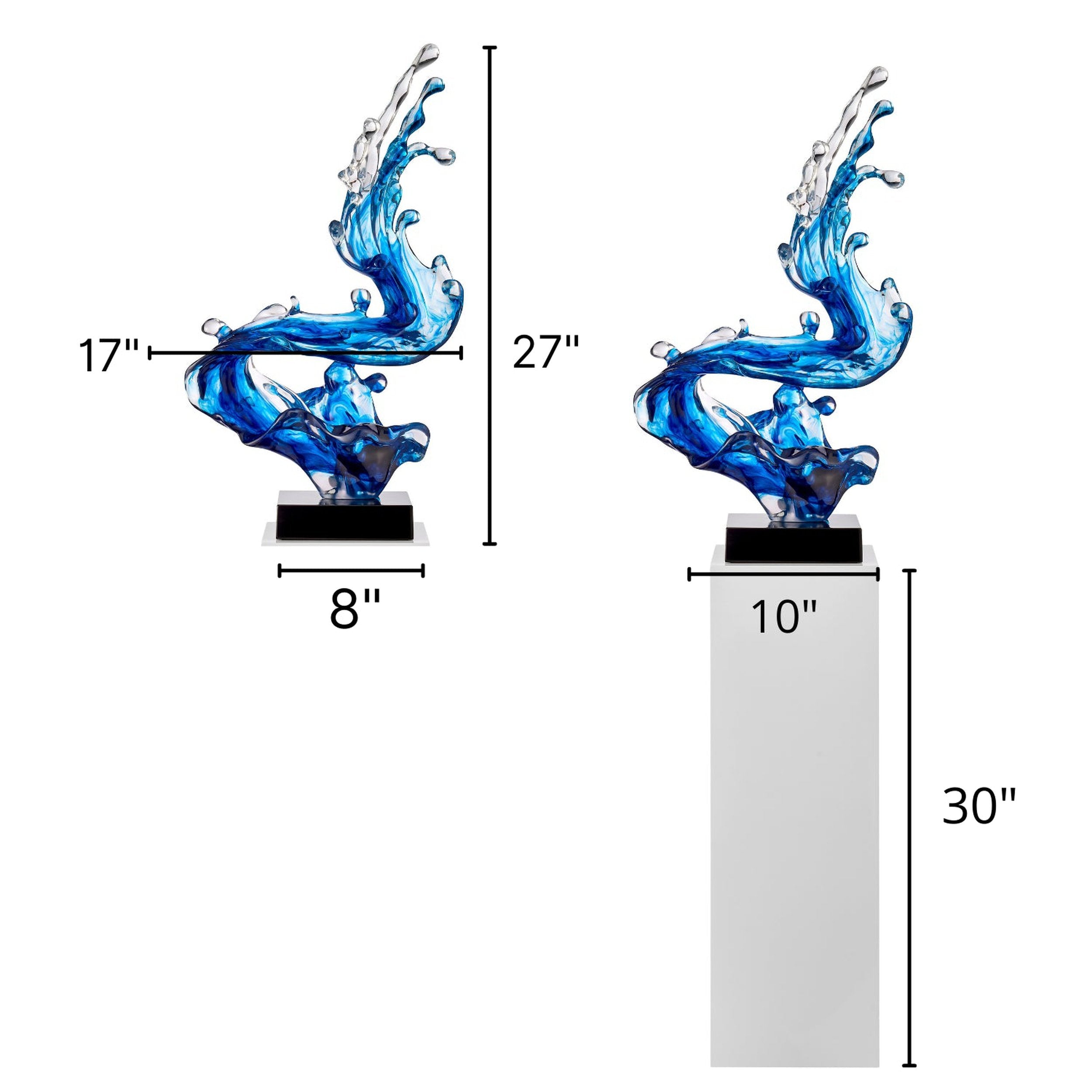 Escultura de piso con forma de ola de Cortes Bay en color azul océano y soporte negro, 57" de alto