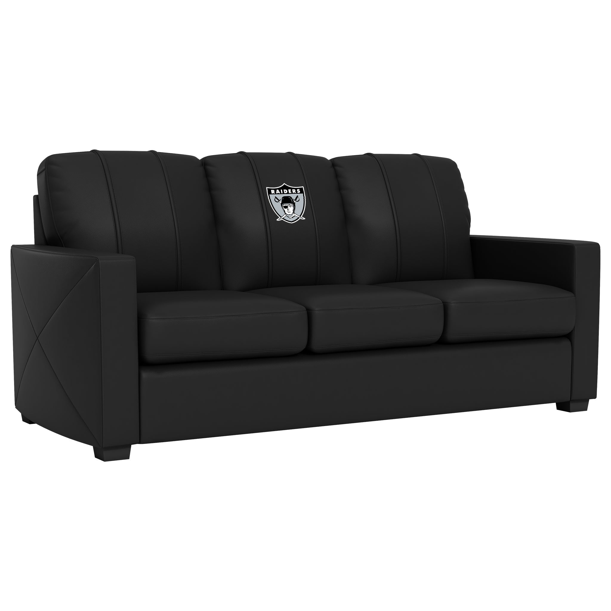 Sofá plateado con el logotipo clásico de Los Vegas Raiders
