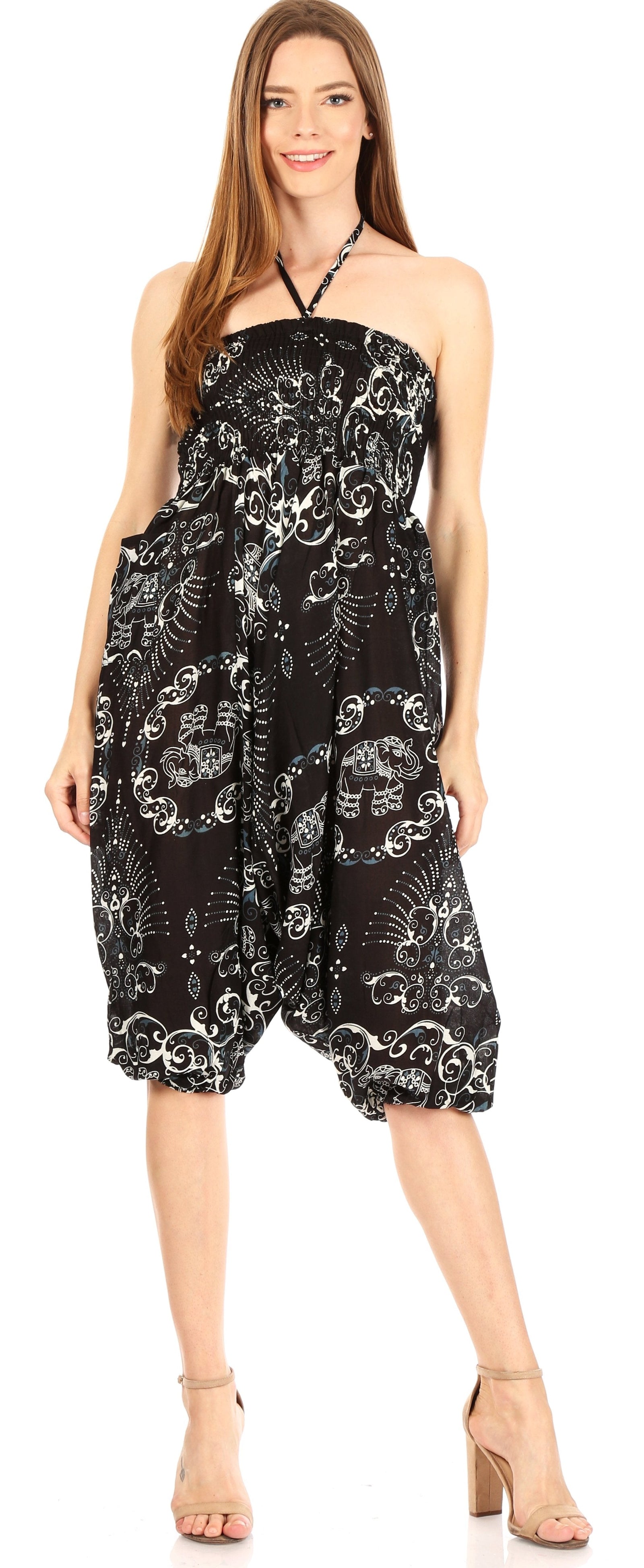 Mono holgado estilo harén bohemio para mujer de Sakkas Valdis, pantalones con estampado de elefante y elástico