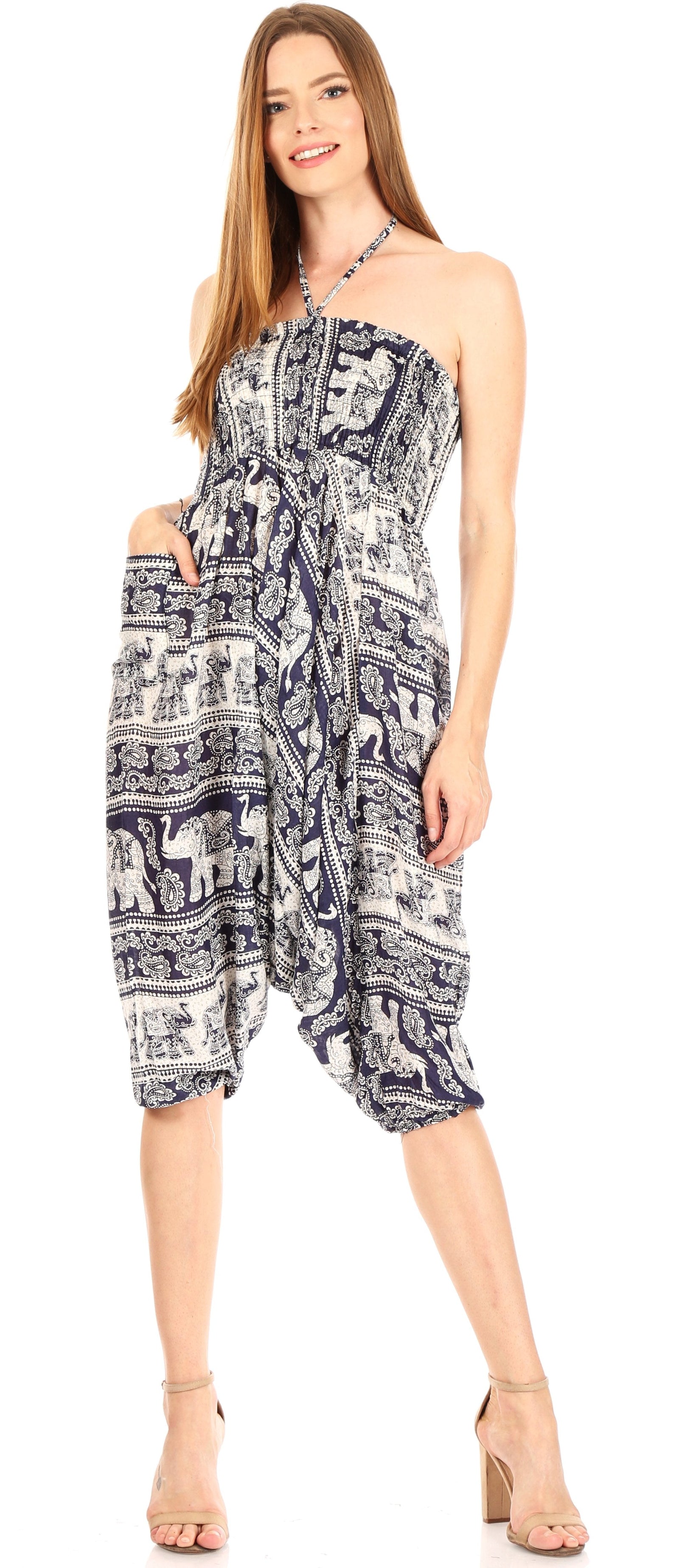 Mono holgado estilo harén bohemio para mujer de Sakkas Valdis, pantalones con estampado de elefante y elástico