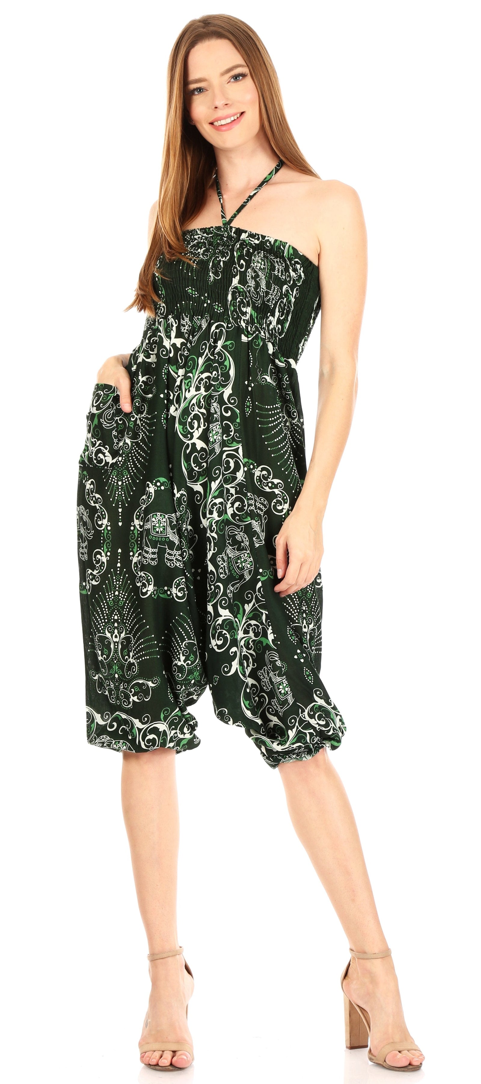 Mono holgado estilo harén bohemio para mujer de Sakkas Valdis, pantalones con estampado de elefante y elástico