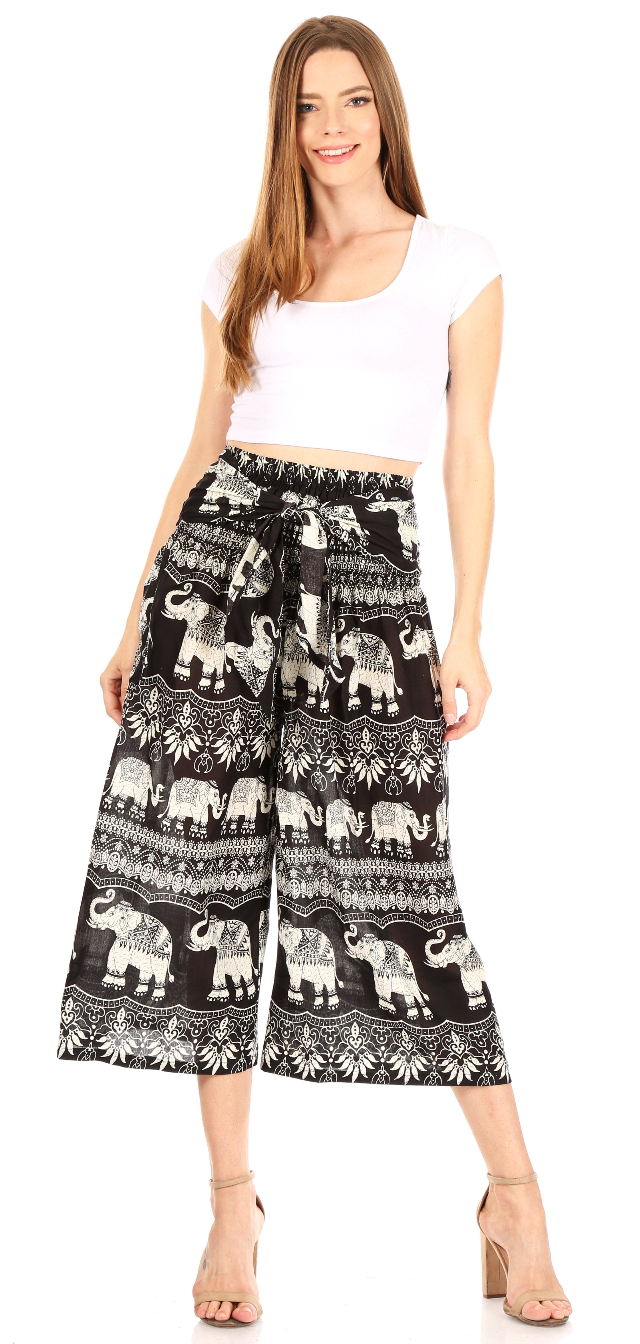 Pantalones Sakkas Lilja para mujer, holgados, anchos, con estampado de elefantes, cintura elástica y bolsillos