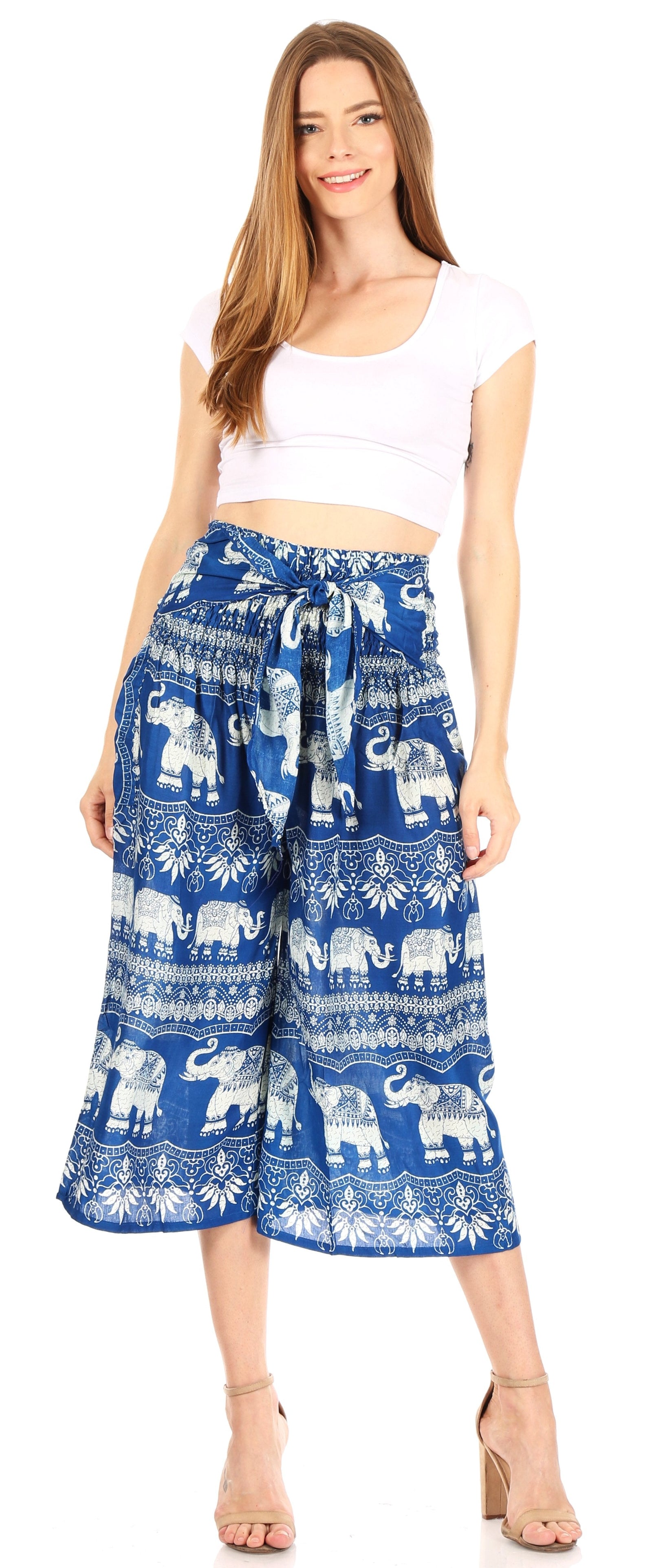 Pantalones Sakkas Lilja para mujer, holgados, anchos, con estampado de elefantes, cintura elástica y bolsillos