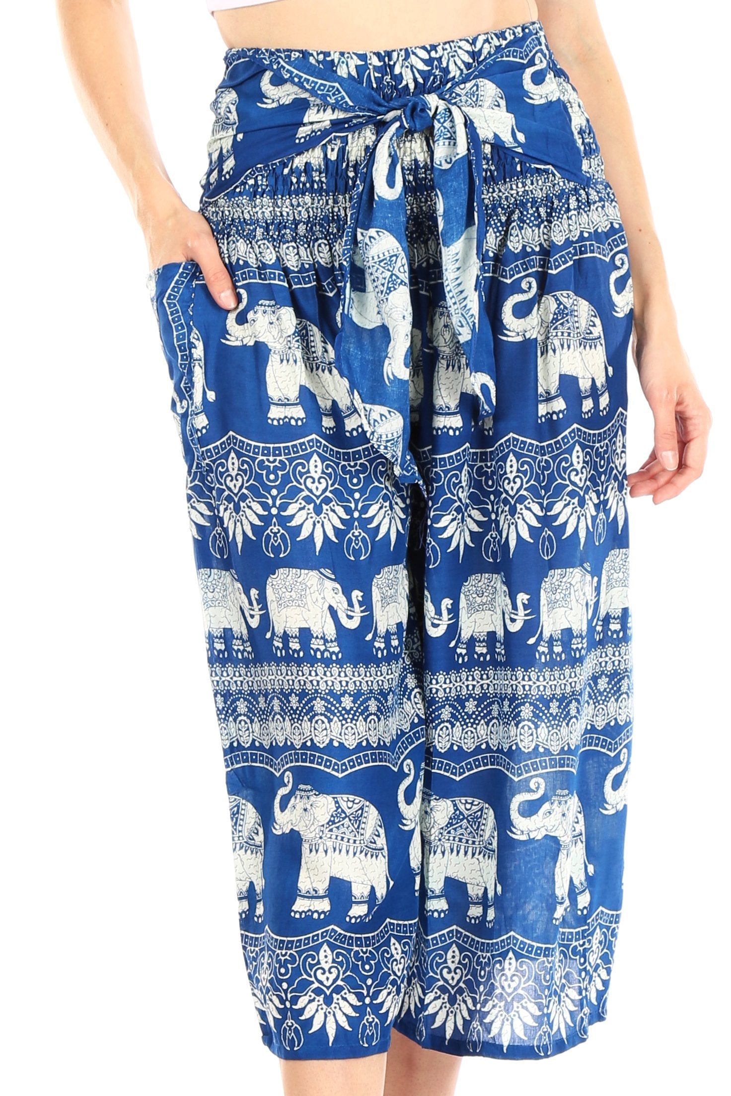 Pantalones Sakkas Lilja para mujer, holgados, anchos, con estampado de elefantes, cintura elástica y bolsillos
