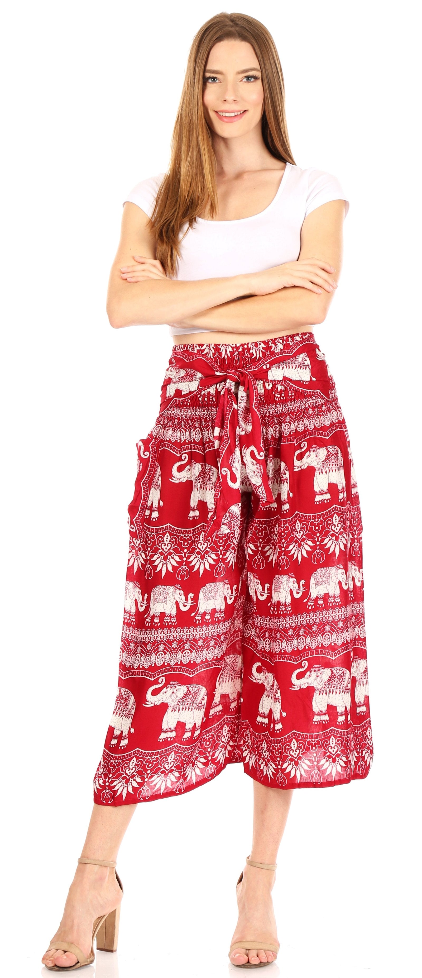 Pantalones Sakkas Lilja para mujer, holgados, anchos, con estampado de elefantes, cintura elástica y bolsillos