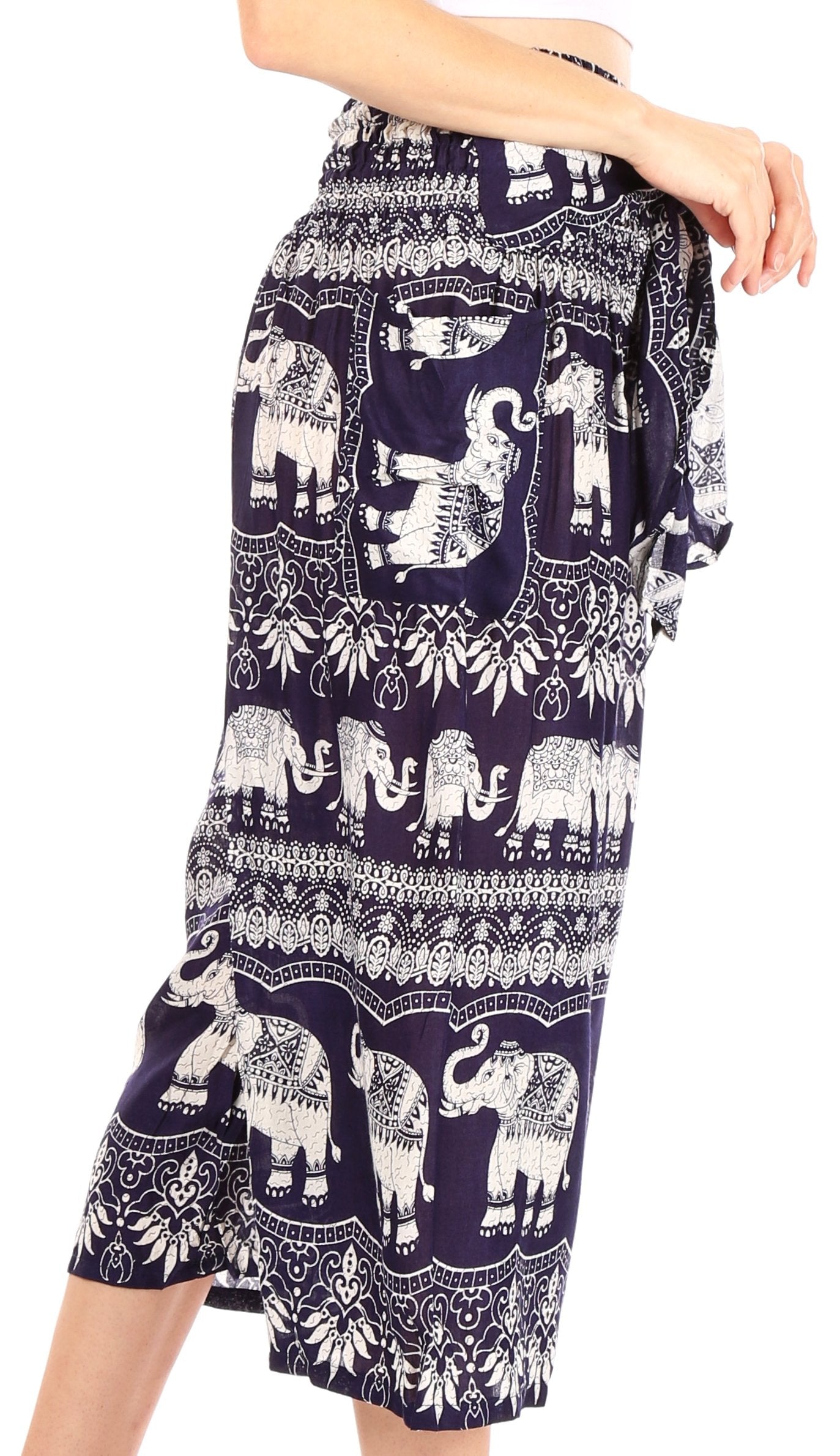 Pantalones Sakkas Lilja para mujer, holgados, anchos, con estampado de elefantes, cintura elástica y bolsillos