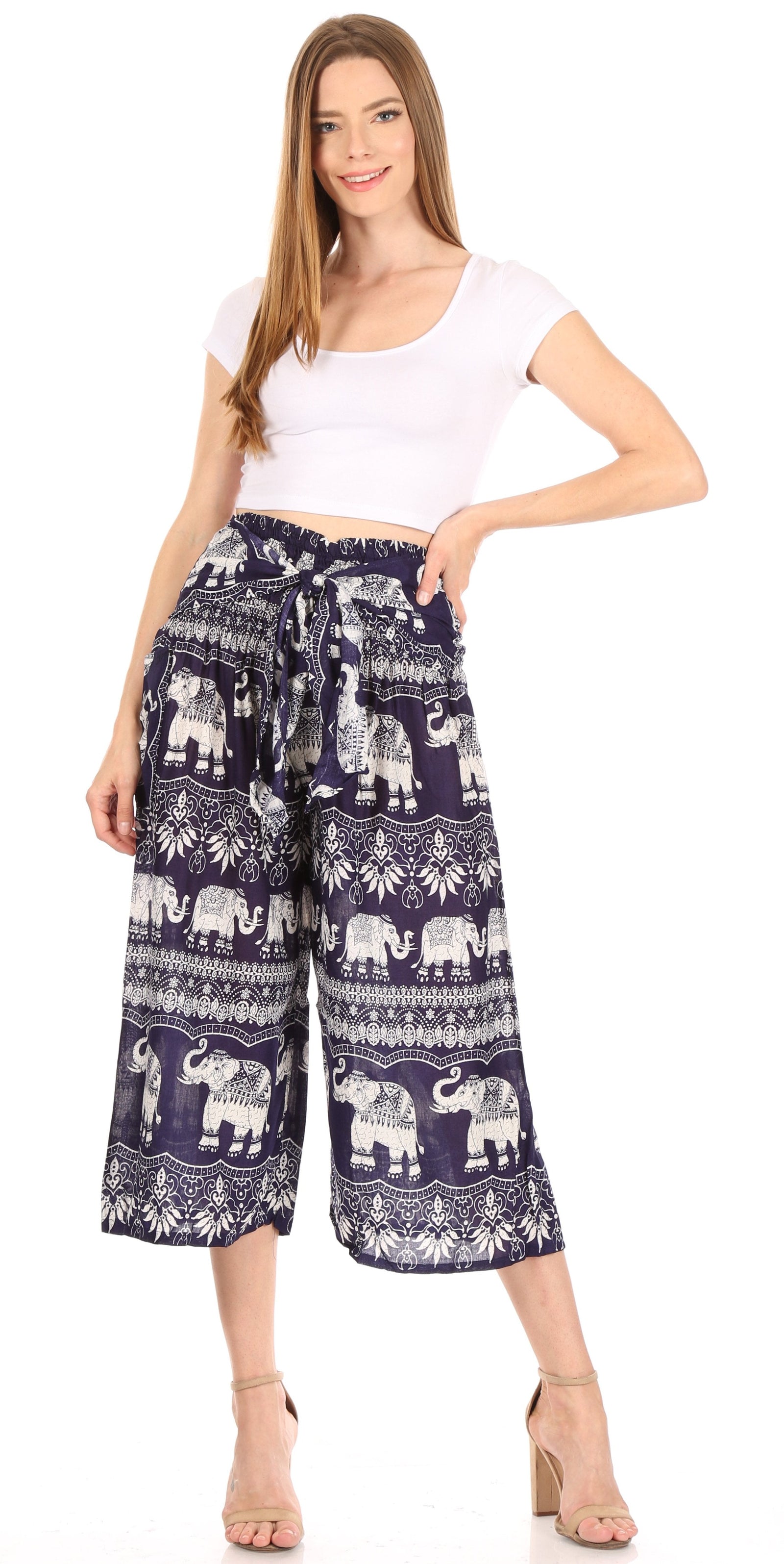 Pantalones Sakkas Lilja para mujer, holgados, anchos, con estampado de elefantes, cintura elástica y bolsillos