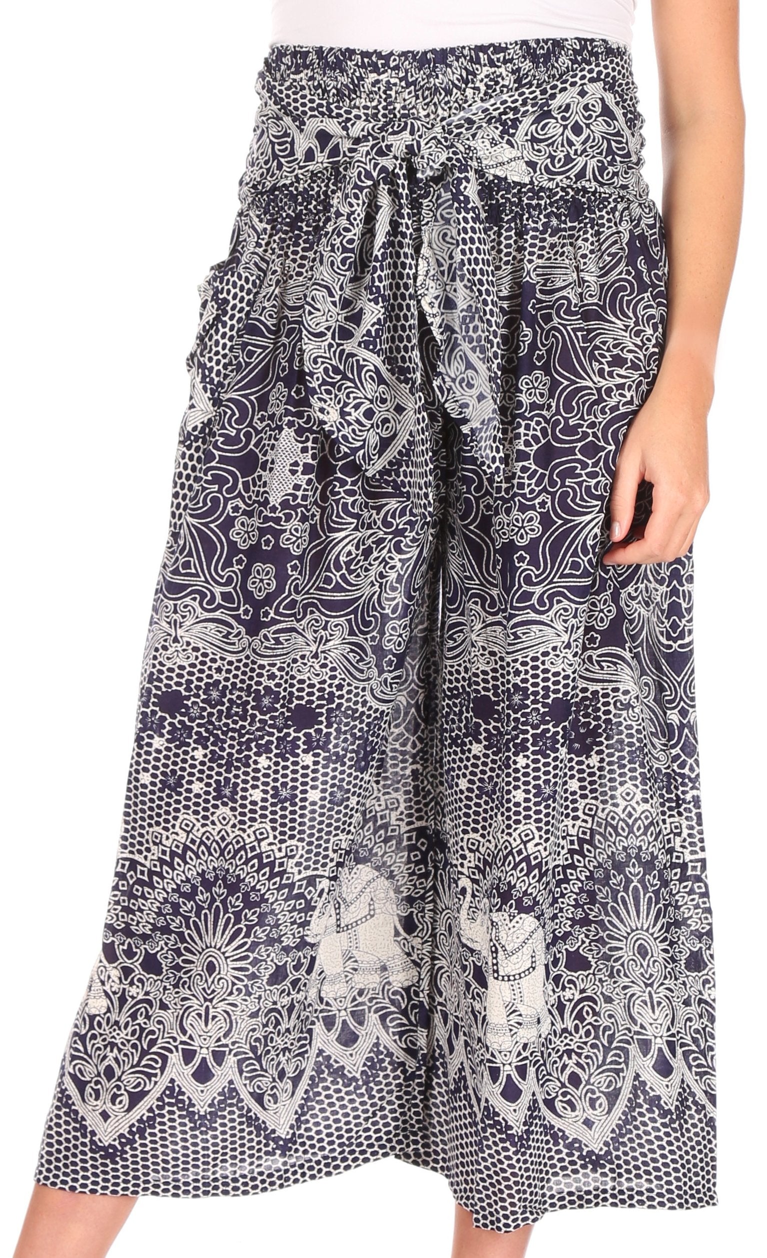 Pantalones Sakkas Lilja para mujer, holgados, anchos, con estampado de elefantes, cintura elástica y bolsillos