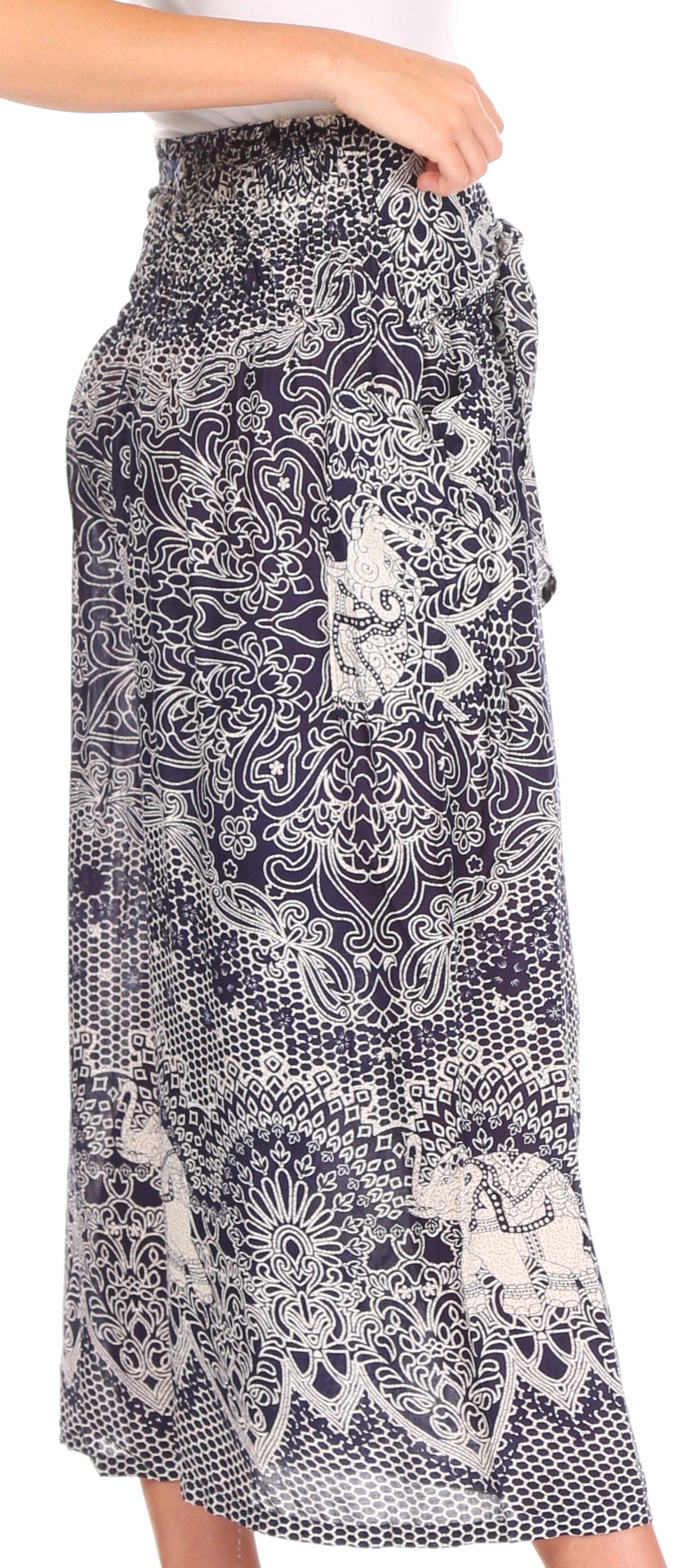Pantalones Sakkas Lilja para mujer, holgados, anchos, con estampado de elefantes, cintura elástica y bolsillos